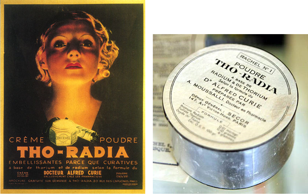 Rys. Produkty kosmetyczne THO-RADIA, oparte na radzie i torze zgodnie z formułą dra Alfreda Curie, źródło: dissident-media.org/infonucleaire/radieux.html