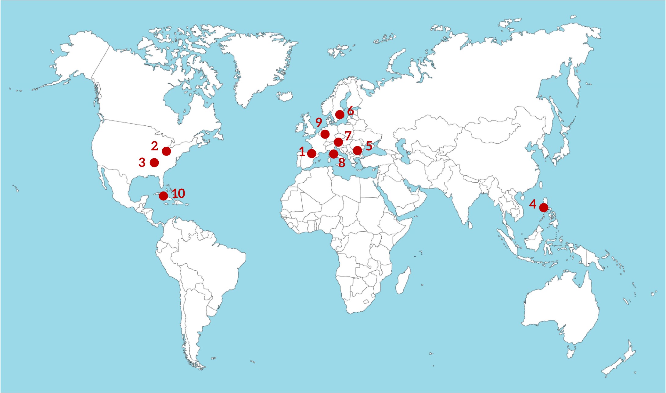 Rys. Niedokończone budowy innych elektrowni jądrowych: 1. Lemoiz, Hiszpania; 2. Marble Hill, USA; 3. Bellefonte, USA; 4. Bataan, Filipiny (miejsce to stanowi istne muzeum i jest dużą atrakcją turystyczną); 5. Belene, Bułgaria; 6. Marviken, Szwecja; 7. Zwentendorf, Austria; 8. Montalto di Castro, Włochy; 9. SNR-300 FBR, Niemcy; 10. Juragua, Kuba, źródło: opracowanie własne